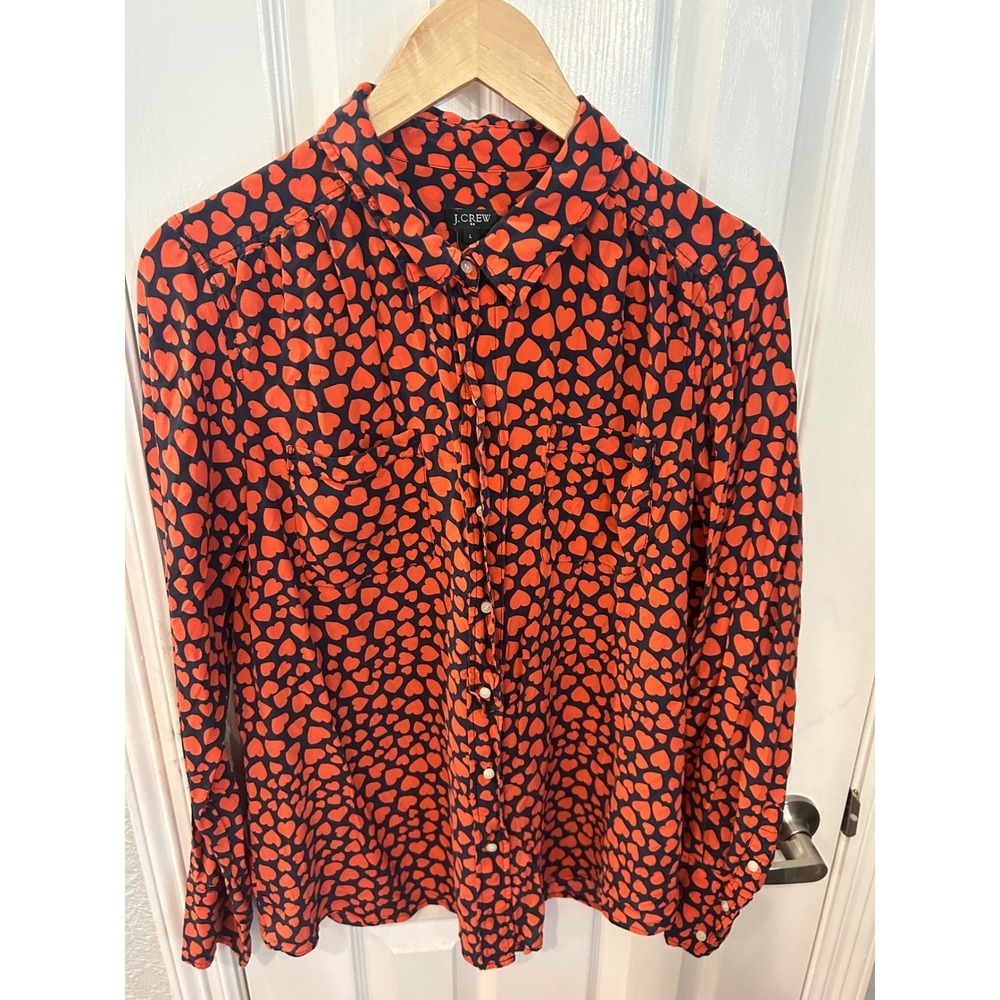 J.Crew Silk Blouse Red Navy Heart Print Long Sleeve Button Down Top 41290 L